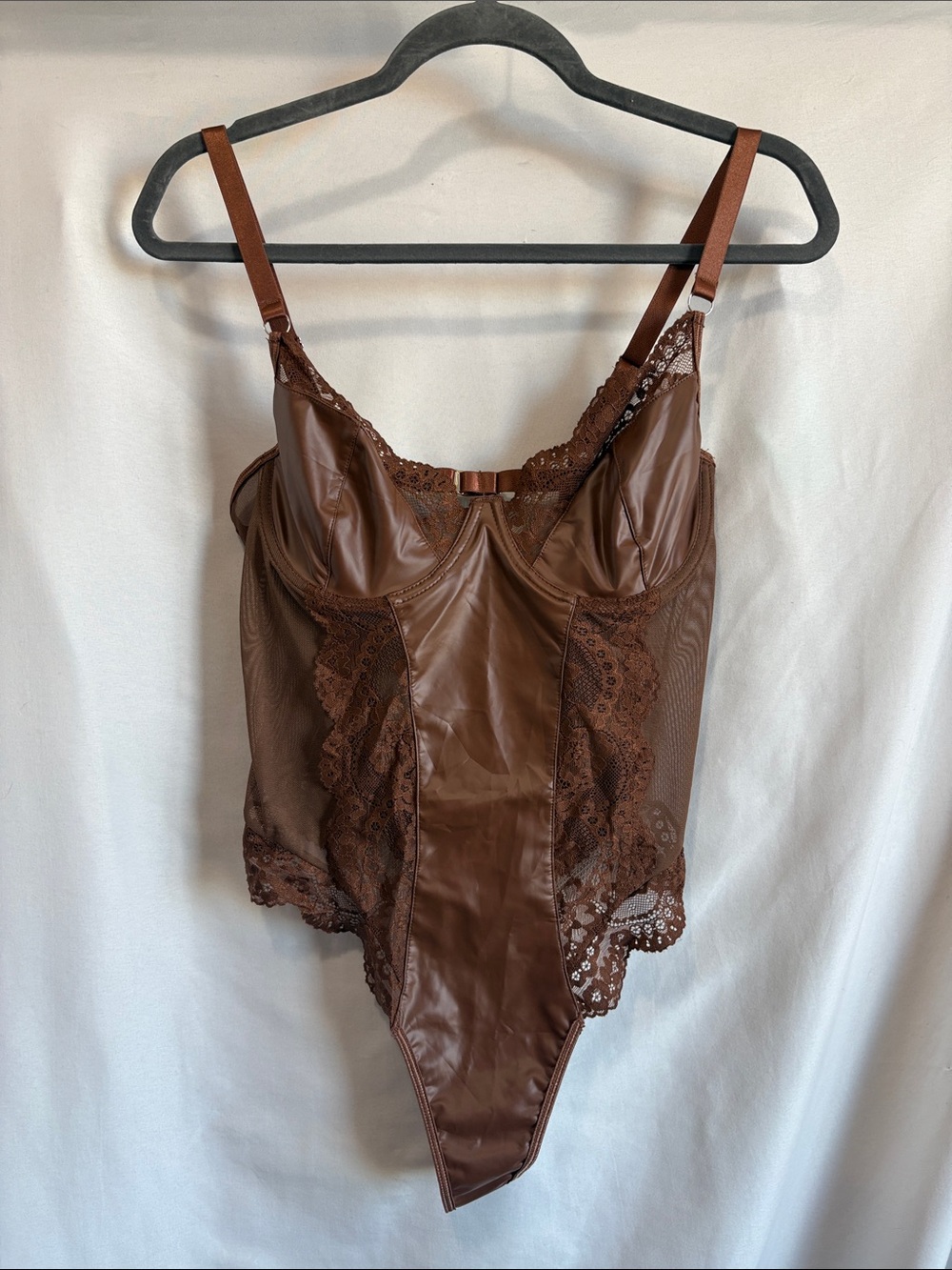 Brown Lace-Trim Satin Bodysuit